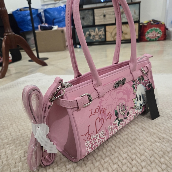 Ed Hardy Love Is Pink Tote Shoulder Bag Crossbody Skull NWT VIRAL Y2K - Picture 4 of 15